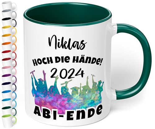 Lustige Tasse zum Abitur 2024 mit Namen: „Hoch die Hände - 2024 – ABI-ENDE“ - Kaffeetasse personalisiert - Geschenke zum Abitur, Abschlussgeschenk, Geschenk zur bestandenen Prüfung (Dunkelgrün) von True Statements