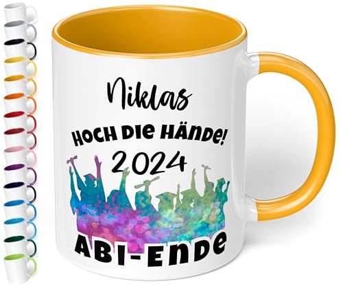 Lustige Tasse zum Abitur 2024 mit Namen: „Hoch die Hände - 2024 – ABI-ENDE“ - Kaffeetasse personalisiert - Geschenke zum Abitur, Abschlussgeschenk, Geschenk zur bestandenen Prüfung (Goldgelb) von True Statements