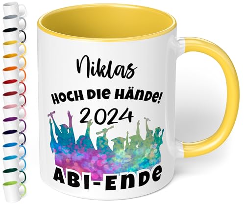 Lustige Tasse zum Abitur 2024 mit Namen: „Hoch die Hände - 2024 – ABI-ENDE“ - Kaffeetasse personalisiert - Geschenke zum Abitur, Abschlussgeschenk, Geschenk zur bestandenen Prüfung (Hellgelb) von True Statements