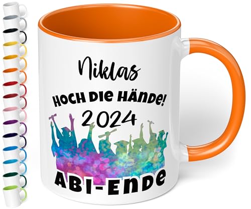 Lustige Tasse zum Abitur 2024 mit Namen: „Hoch die Hände - 2024 – ABI-ENDE“ - Kaffeetasse personalisiert - Geschenke zum Abitur, Abschlussgeschenk, Geschenk zur bestandenen Prüfung (Orange) von True Statements