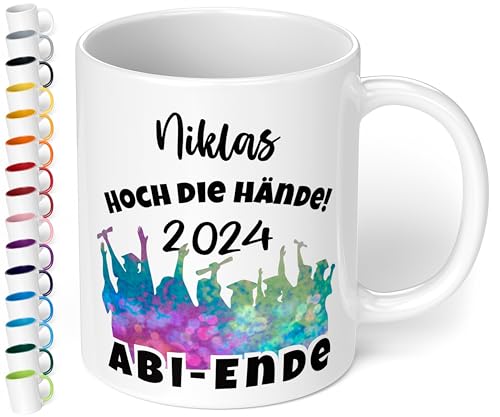 Lustige Tasse zum Abitur 2024 mit Namen: „Hoch die Hände - 2024 – ABI-ENDE“ - Kaffeetasse personalisiert - Geschenke zum Abitur, Abschlussgeschenk, Geschenk zur bestandenen Prüfung (Weiß) von True Statements