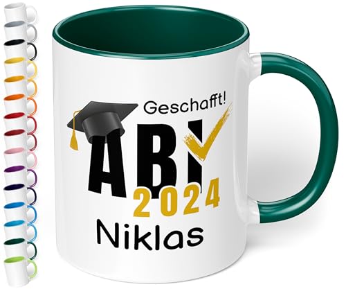 Lustige Tasse zum Abitur 2024: „ABI 2024 - Geschafft! Wunschname“ - Kaffeetasse mit Namen personalisiert - Geschenke zum Abitur, Abschlussgeschenk, Geschenk zur bestandenen Prüfung (Dunkelgrün) von True Statements