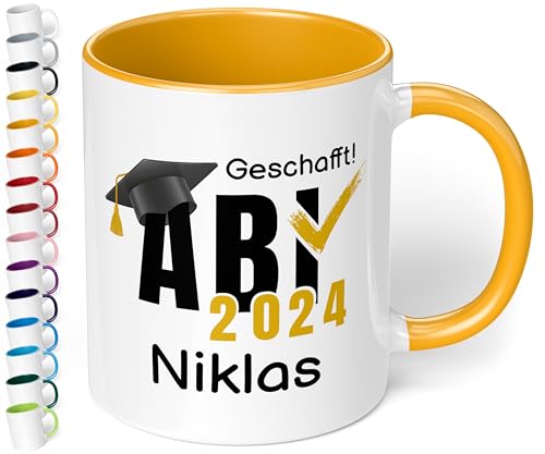 Lustige Tasse zum Abitur 2024: „ABI 2024 - Geschafft! Wunschname“ - Kaffeetasse mit Namen personalisiert - Geschenke zum Abitur, Abschlussgeschenk, Geschenk zur bestandenen Prüfung (Goldgelb) von True Statements