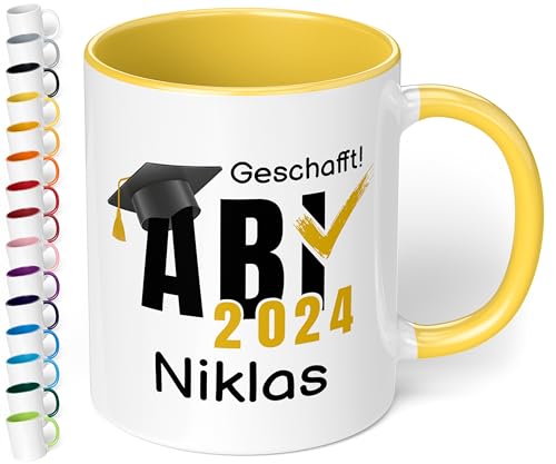 Lustige Tasse zum Abitur 2024: „ABI 2024 - Geschafft! Wunschname“ - Kaffeetasse mit Namen personalisiert - Geschenke zum Abitur, Abschlussgeschenk, Geschenk zur bestandenen Prüfung (Hellgelb) von True Statements