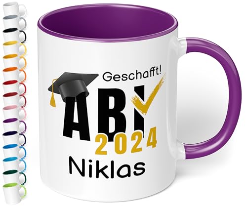 Lustige Tasse zum Abitur 2024: „ABI 2024 - Geschafft! Wunschname“ - Kaffeetasse mit Namen personalisiert - Geschenke zum Abitur, Abschlussgeschenk, Geschenk zur bestandenen Prüfung (Lila) von True Statements