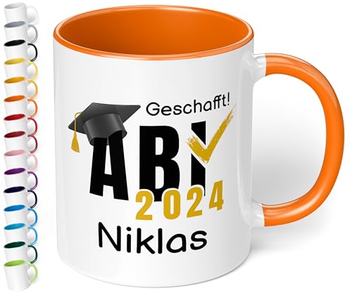Lustige Tasse zum Abitur 2024: „ABI 2024 - Geschafft! Wunschname“ - Kaffeetasse mit Namen personalisiert - Geschenke zum Abitur, Abschlussgeschenk, Geschenk zur bestandenen Prüfung (Orange) von True Statements