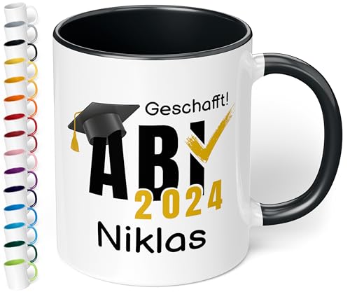 Lustige Tasse zum Abitur 2024: „ABI 2024 - Geschafft! Wunschname“ - Kaffeetasse mit Namen personalisiert - Geschenke zum Abitur, Abschlussgeschenk, Geschenk zur bestandenen Prüfung (Schwarz) von True Statements