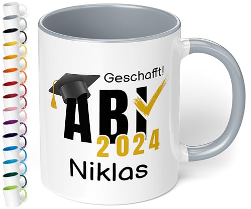 Lustige Tasse zum Abitur: „ABI 2024 - Geschafft! Wunschname“ - 330ml Keramik Kaffeetasse mit Namen personalisiert - Abschluss-Geschenk zur bestandenen Prüfung (Grau) von True Statements