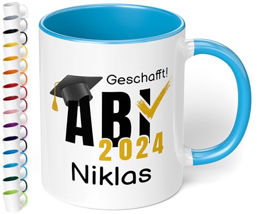 Lustige Tasse zum Abitur: „ABI 2024 - Geschafft! Wunschname“ - 330ml Keramik Kaffeetasse mit Namen personalisiert - Abschluss-Geschenk zur bestandenen Prüfung (Hellblau) von True Statements