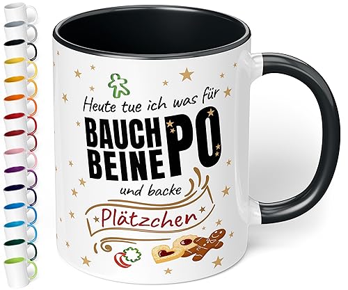 Lustige Weihnachts-Tasse „Heute tue ich was für Bauch-Beine-Po und backe Plätzchen“ – 330ml Keramik Kaffeebecher mit Spruch - Geschenk zu Weihnachten für Freundin, Mama und Oma (Schwarz) von True Statements