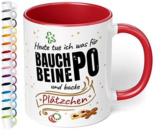 Lustige Weihnachts-Tasse „Heute tue ich was für Bauch-Beine-Po und backe Plätzchen“ – 330ml Keramik Kaffeebecher mit Spruch - Geschenk zu Weihnachten für Freundin, Mama und Oma (Rot) von True Statements