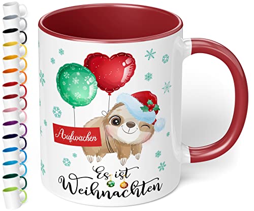 Lustige Weihnachtstasse „Aufwachen - Es ist Weihnachten“ - Geschenk zu Weihnachten – lustige Kaffee-Tasse mit Spruch und Faultier-Motiv für Kollegen, Freunde, Mama & Papa, Oma & Opa (Bordeaux) von True Statements
