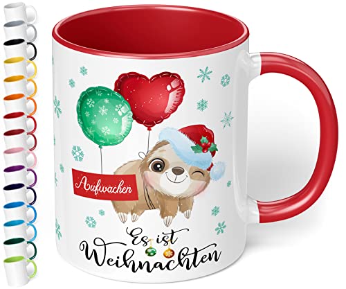 Lustige Weihnachtstasse „Aufwachen - Es ist Weihnachten“ - Geschenk zu Weihnachten – lustige Kaffee-Tasse mit Spruch und Faultier-Motiv für Kollegen, Freunde, Mama & Papa, Oma & Opa (Rot) von True Statements