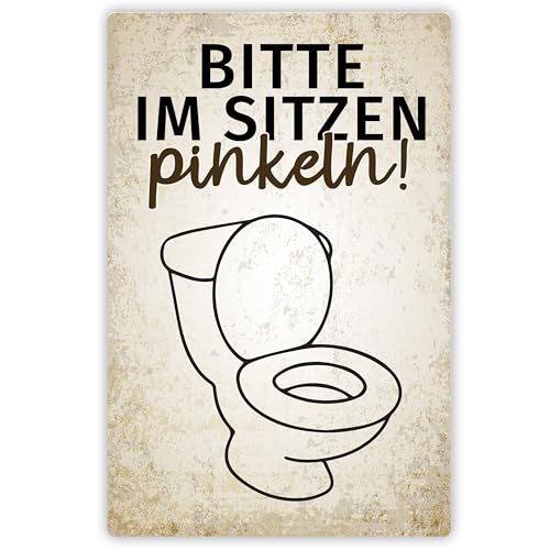 True Statements Lustiges Alu-Schild „Bitte im Sitzen pinkeln!“ – witziges WC-Schild - hochauflösender Druck – inkl. Aufhängesystem - 30,5 x 20 cm, glänzende Oberfläche von True Statements
