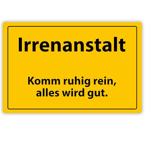 Lustiges Alu-Schild „Irrenanstalt - Komm ruhig rein, alles wird gut“ - mit Aufhängesystem ca. 20x30,5 cm - Witziges Geschenk für die Werkstatt oder Kollegen im Büro - Metallschild Deko von True Statements