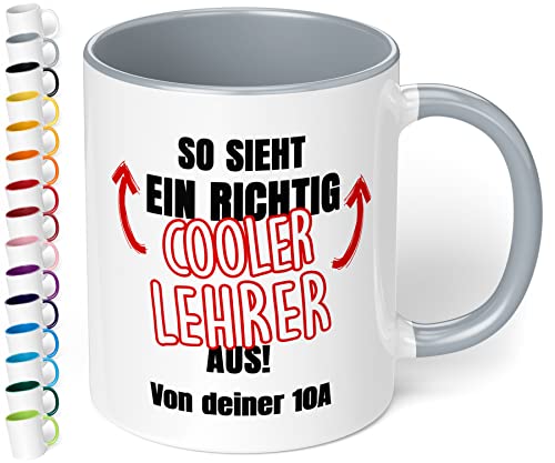 Lustiges Geschenk für Lehrer: Kaffee-Tasse personalisiert mit Wunschtext „So sieht ein richtig cooler LEHRER aus!“ - Dankeschön - Abschieds-Geschenke, Geburtstag, Tag des Lehrers (Grau) von True Statements