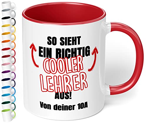 Lustiges Geschenk für Lehrer: Kaffee-Tasse personalisiert mit Wunschtext „So sieht ein richtig cooler LEHRER aus!“ - Dankeschön - Abschieds-Geschenke, Geburtstag, Tag des Lehrers (Rot) von True Statements