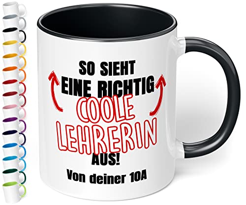 Lustiges Geschenk für Lehrerin: Kaffee-Tasse personalisiert mit Wunschtext „So sieht eine richtig coole LEHRERIN aus!“ - Dankeschön - Abschieds-Geschenke, Geburtstag, Tag des Lehrers (Schwarz) von True Statements