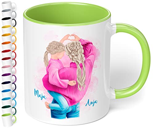 Mama-Tochter-Tasse personalisiert mit Namen & Aussehen „Mutter mit Tochter im Partnerlook“ – Kaffeetasse | Geschenkideen für die beste Mama - Geschenke zum Muttertag & Geburtstag (Hellgrün) von True Statements