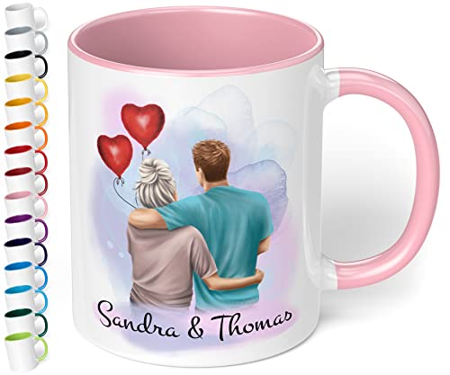 Paar Tasse personalisiert mit Namen & Aussehen – Pärchen Kaffeetasse mit Herzluftballons - individuelles Liebe Geschenk für Freund & Freundin Weihnachten Geburtstag Valentinstag (Rosa) von True Statements