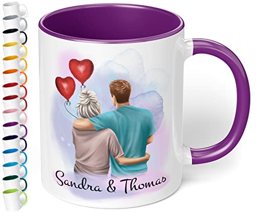 Paar Tasse personalisiert mit Namen & Aussehen – Pärchen Kaffeetasse mit Herzluftballons - individuelles Liebe Geschenk für Freund & Freundin Weihnachten Geburtstag Valentinstag (Violett) von True Statements