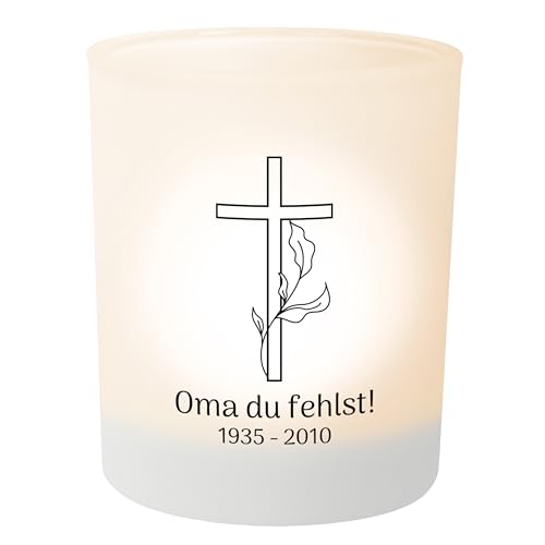 Personalisierter Teelichthalter Kreuz mit Blättern – Teelichtglas, Gedenklicht für Verstorbene, Geschenk für Trauernde - Trauerlicht personalisiert mit Wunschtext Personalisierter Teelichthalter Kreuz mit Blättern – Teelichtglas, Gedenklicht für Verstorbene, Geschenk für Trauernde - Trauerlicht personalisiert mit Wunschtext von True Statements