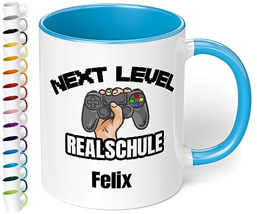 Realschule 5. Klasse Geschenk für Jungen & Mädchen zum Schulwechsel: Keramik-Tasse mit Namen „Next Level Realschule“ – Übertritt Grundschule Realschule Geschenkidee Einschulung (Hellblau) von True Statements