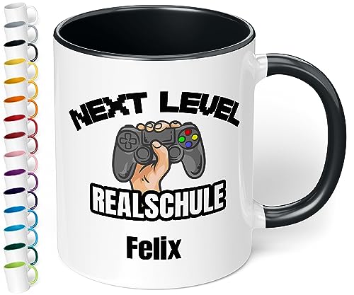 Realschule 5. Klasse Geschenk für Jungen & Mädchen zum Schulwechsel: Keramik-Tasse mit Namen „Next Level Realschule“ – Übertritt Grundschule Realschule Geschenkidee Einschulung (Schwarz) von True Statements