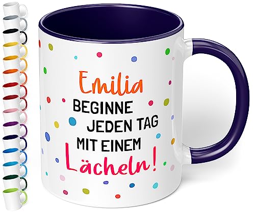 Schöne Kaffeetasse „Beginne jeden Tag mit einem Lächeln!“ – personalisiert mit Namen - Kaffee-Becher mit Spruch für Kollegen Büro Arbeit | Geschenk zum Geburtstag, Weihnachten (Kobaltblau) von True Statements