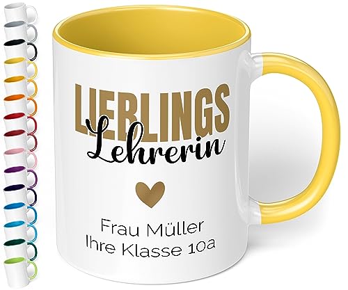 Schönes Geschenk für Lehrerin: Kaffee-Tasse personalisiert mit Wunschtext „Lieblings-Lehrerin“ - Dankeschön - Abschieds-Geschenke, Geburtstag, Tag des Lehrers (Hellgelb) von True Statements