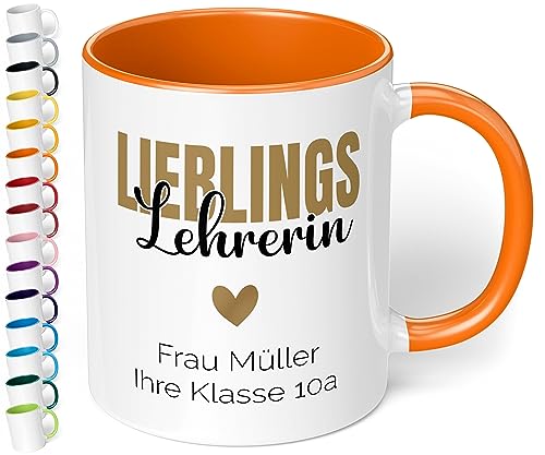 Schönes Geschenk für Lehrerin: Kaffee-Tasse personalisiert mit Wunschtext „Lieblings-Lehrerin“ - Dankeschön - Abschieds-Geschenke, Geburtstag, Tag des Lehrers (Orange) von True Statements