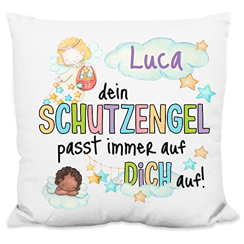 Schutzengel Kissen personalisiert „NAME dein Schutzengel passt immer auf dich auf!“ - 40x40cm, inkl. Kissen-Füllung | Beschützer Kinderkissen | Geschenk Geburtstag Weihnachten (Flauschiges Kissen) von True Statements