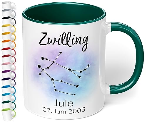 Sternzeichen Tasse mit Namen, Datum und 12 Sternenbilder personalisiert – 330ml Keramik Kaffeebecher, kleine Geschenke für Kollegen Frauen Männer Büro Geburtstag Weihnachten (Dunkelgrün) von True Statements