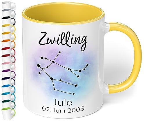 Sternzeichen Tasse mit Namen, Datum und 12 Sternenbilder personalisiert – 330ml Keramik Kaffeebecher, kleine Geschenke für Kollegen Frauen Männer Büro Geburtstag Weihnachten (Hellgelb) von True Statements