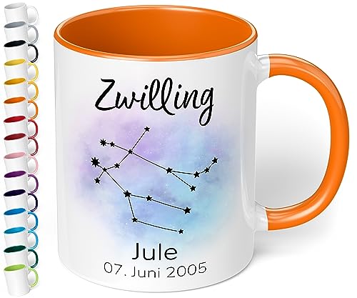 Sternzeichen Tasse mit Namen, Datum und 12 Sternenbilder personalisiert – 330ml Keramik Kaffeebecher, kleine Geschenke für Kollegen Frauen Männer Büro Geburtstag Weihnachten (Orange) von True Statements