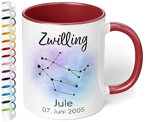 Sternzeichen Tasse mit Namen, Datum und 12 Sternenbilder personalisiert – 330ml Keramik Kaffeebecher, kleine Geschenke für Kollegen Frauen Männer Büro Geburtstag Weihnachten (Bordeaux) von True Statements