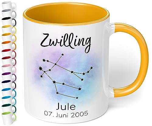 Sternzeichen Tasse mit Namen, Datum und 12 Sternenbilder personalisiert – Statement Kaffeebecher mit Spruch, kleine Geschenke für Kollegen Frauen Männer Büro Geburtstag Weihnachten (Goldgelb) von True Statements