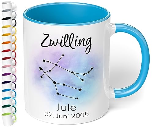 Sternzeichen Tasse mit Namen, Datum und 12 Sternenbilder personalisiert – 330ml Keramik Kaffeebecher, kleine Geschenke für Kollegen Frauen Männer Büro Geburtstag Weihnachten (Hellblau) von True Statements