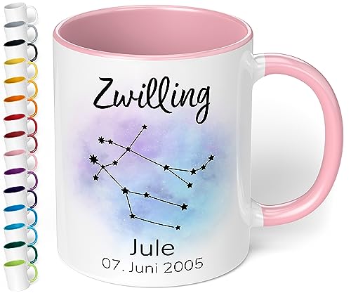 Sternzeichen Tasse mit Namen, Datum und 12 Sternenbilder personalisiert – 330ml Keramik Kaffeebecher, kleine Geschenke für Kollegen Frauen Männer Büro Geburtstag Weihnachten (Rosa) von True Statements