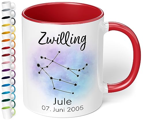 Sternzeichen Tasse mit Namen, Datum und 12 Sternenbilder personalisiert – Statement Kaffeebecher mit Spruch, kleine Geschenke für Kollegen Frauen Männer Büro Geburtstag Weihnachten (Rot) von True Statements