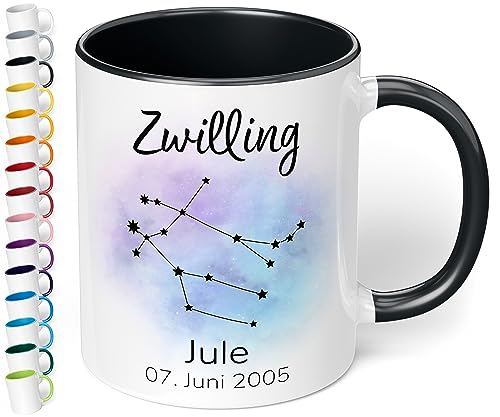 Sternzeichen Tasse mit Namen, Datum und 12 Sternenbilder personalisiert – 330ml Keramik Kaffeebecher, kleine Geschenke für Kollegen Frauen Männer Büro Geburtstag Weihnachten (Schwarz) von True Statements