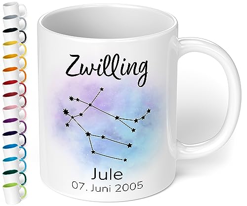 Sternzeichen Tasse mit Namen, Datum und 12 Sternenbilder personalisiert – 330ml Keramik Kaffeebecher, kleine Geschenke für Kollegen Frauen Männer Büro Geburtstag Weihnachten (Weiß) von True Statements