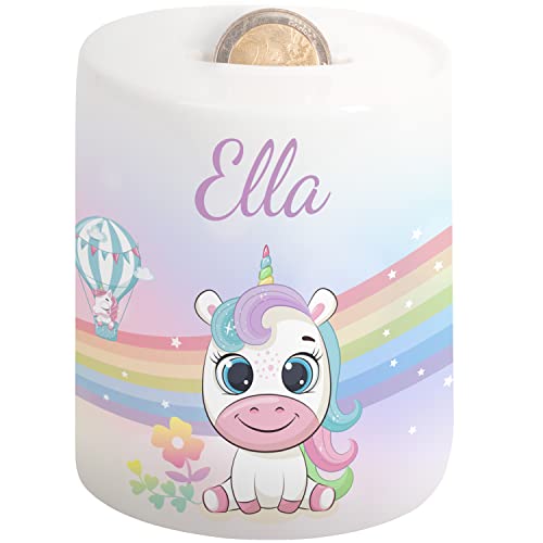 Süße Kinder Spardose mit Namen – Sparschwein für Mädchen & Jungen - Regenbogen-Motiv - personalisiertes Geschenk zur Einschulung, Geburt, Taufe, Geburtstag, Weihnachten - Geldgeschenk (Einhorn) von True Statements