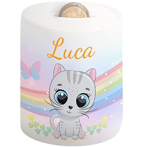 Süße Kinder Spardose mit Namen – Sparschwein für Mädchen & Jungen - Regenbogen-Motiv - personalisiertes Geschenk zur Einschulung, Geburt, Taufe, Geburtstag, Weihnachten - Geldgeschenk (Katze grau) von True Statements