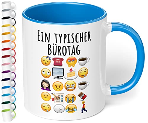 Lustige Büro Tasse Ein typischer Bürotag - 330ml Keramik Kaffeebecher mit Spruch Emoticon Geschenk Mitarbeiter Kollegen Büro Arbeit Homeoffice Geburtstag Weihnachten (Cambridge Blau) von True Statements