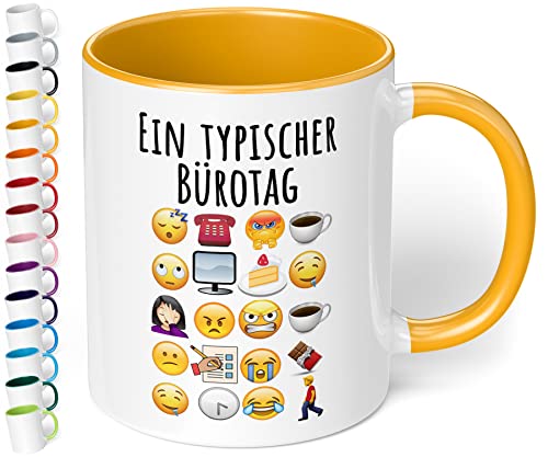 True Statements Lustige Büro Tasse Ein typischer Bürotag - 330ml Keramik Kaffeebecher mit Spruch Emoticon Geschenk Mitarbeiter Kollegen Büro Arbeit Homeoffice Geburtstag Weihnachten (Goldgelb) von True Statements