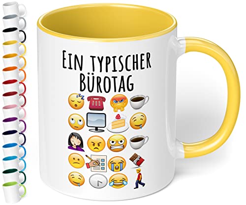 Lustige Büro Tasse Ein typischer Bürotag - lustige Kaffee-Tasse mit Spruch Emoticon Kaffeebecher, Geschenk für Mitarbeiter Kollegen Büro Arbeit Homeoffice Geburtstag Weihnachten (Hellgelb) von True Statements