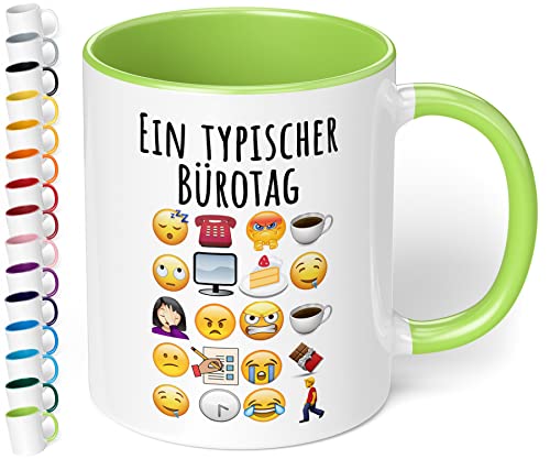 True Statements Lustige Büro Tasse Ein typischer Bürotag - 330ml Keramik Kaffeebecher mit Spruch Emoticon Geschenk Mitarbeiter Kollegen Büro Arbeit Homeoffice Geburtstag Weihnachten (Hellgrün) von True Statements