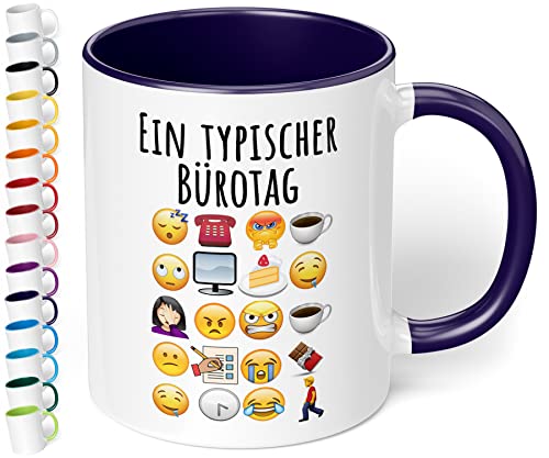 Lustige Büro Tasse Ein typischer Bürotag - 330ml Keramik Kaffeebecher mit Spruch Emoticon Geschenk Mitarbeiter Kollegen Büro Arbeit Homeoffice Geburtstag Weihnachten (Kobaltblau) von True Statements