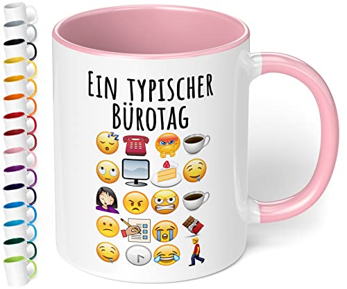 Lustige Büro Tasse Ein typischer Bürotag - lustige Kaffee-Tasse mit Spruch Emoticon Kaffeebecher, Geschenk für Mitarbeiter Kollegen Büro Arbeit Homeoffice Geburtstag Weihnachten (Rosa) von True Statements